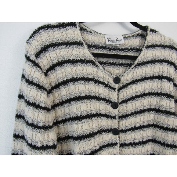 Reba Rose Medium Vintage 1990s Knitted Striped Cardigan Sweater Cotton Neutrals - Picture 3 of 6